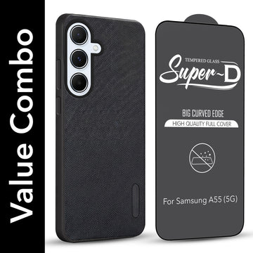 For Samsung Galaxy A55 5G Combo with Back Cover and 9H Tempered Glass (Textured Grip Design | Micro-Fiber Cloth Inside | Oleophobic Coating Screen Glass)