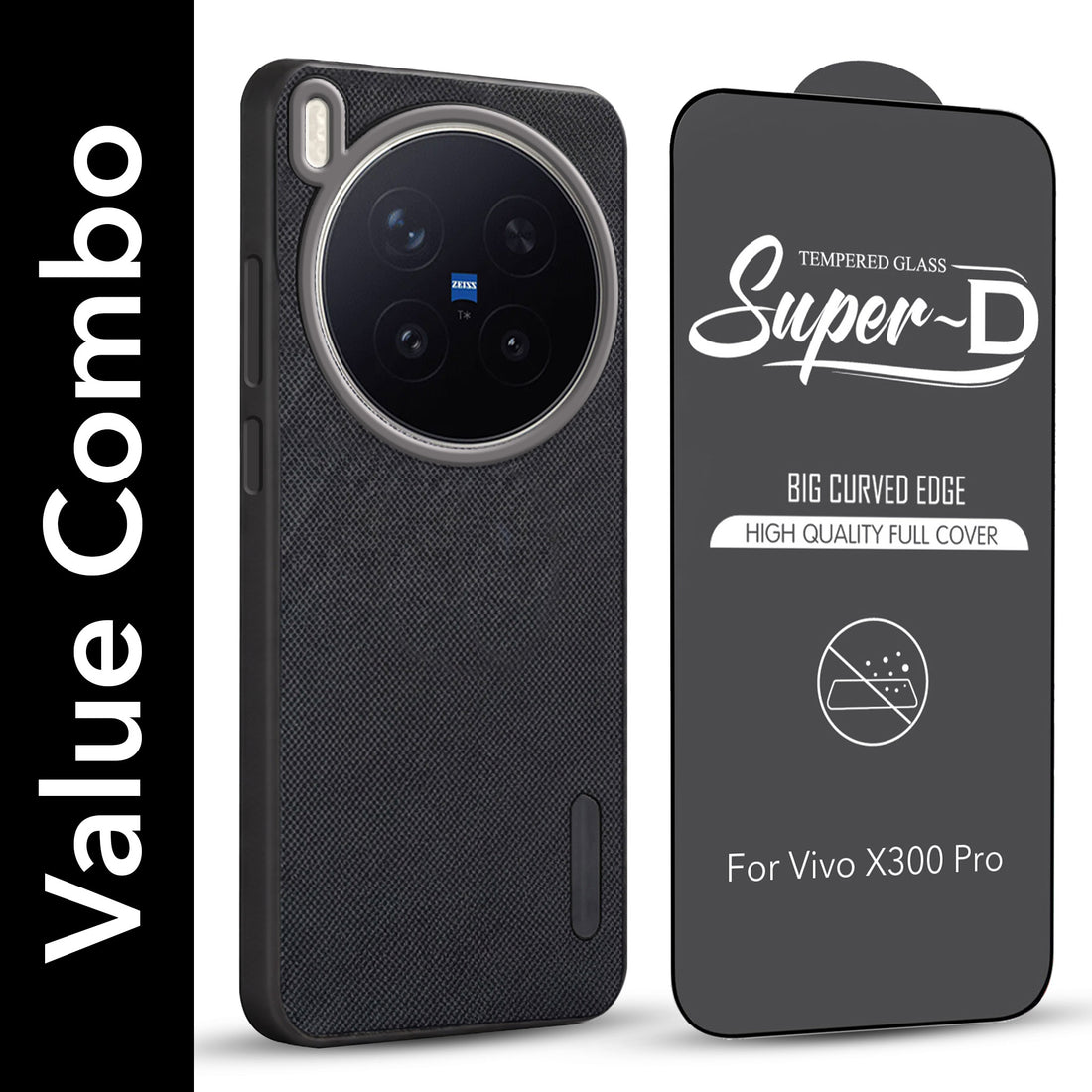 For Vivo X300 Pro Combo with Back Cover and 9H Tempered Glass (Textured Grip Design | Micro-Fiber Cloth Inside | Oleophobic Coating Screen Glass)