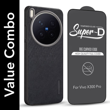 For Vivo X300 Pro Combo with Back Cover and 9H Tempered Glass (Textured Grip Design | Micro-Fiber Cloth Inside | Oleophobic Coating Screen Glass)