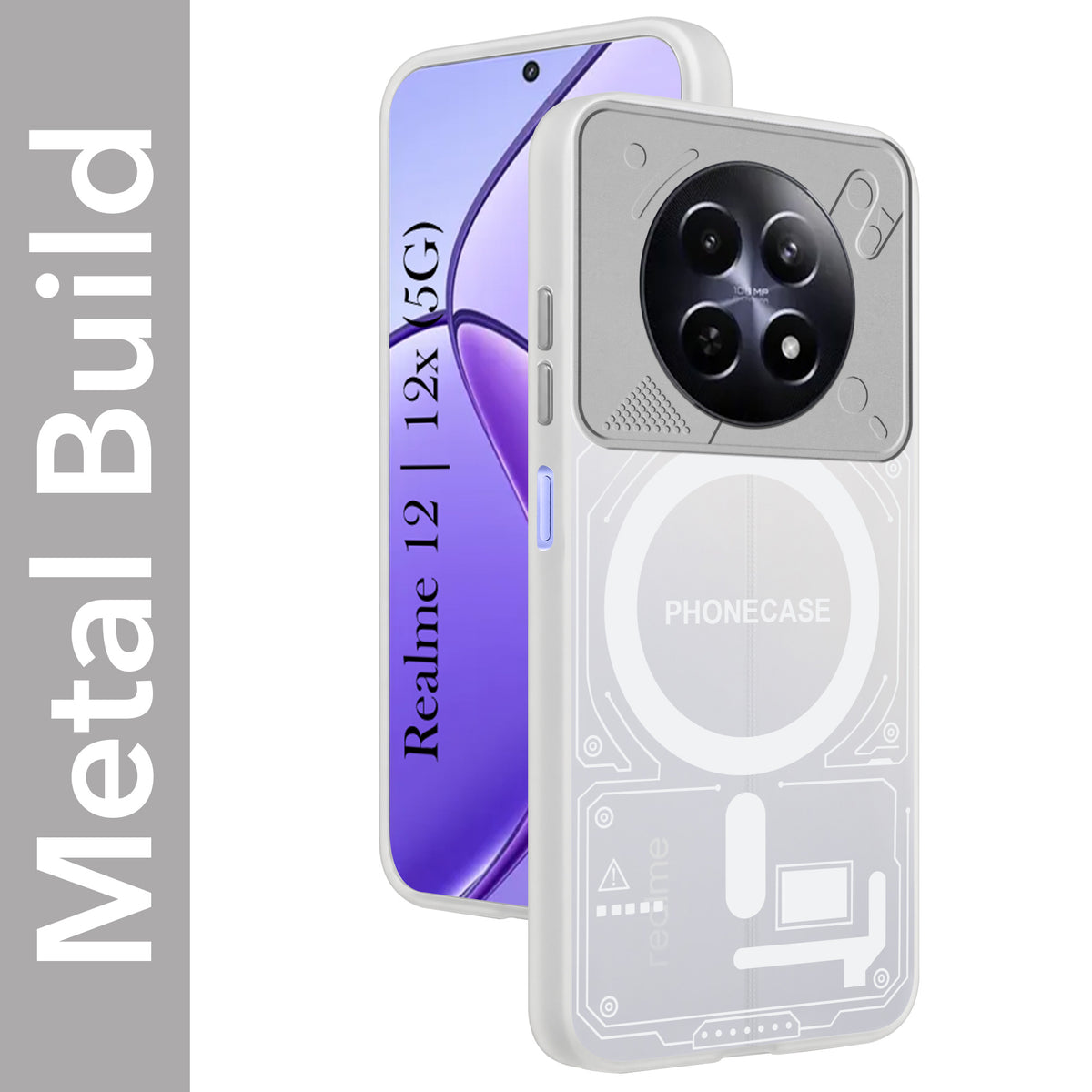 For Realme 12 | Realme 12X Metallic Back Cover Case (Metallic Camera Protection & Buttons | Translucent Milky Shade | Hard Polycarbonate)