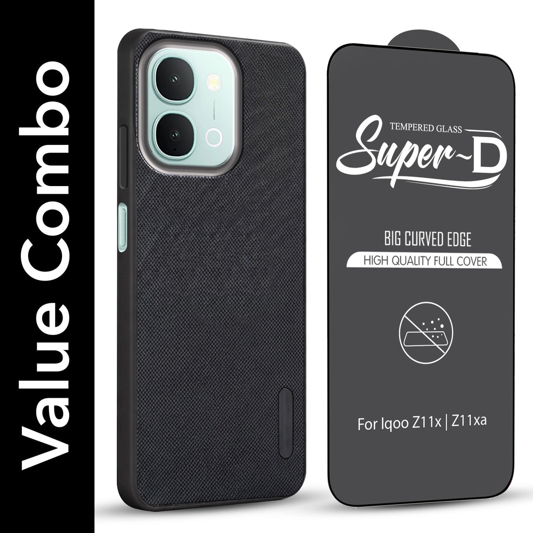 For iQOO Z11x | iQOO Z11xa Combo with Back Cover and 9H Tempered Glass (Textured Grip Design | Micro-Fiber Cloth Inside | Oleophobic Coating Screen Glass)