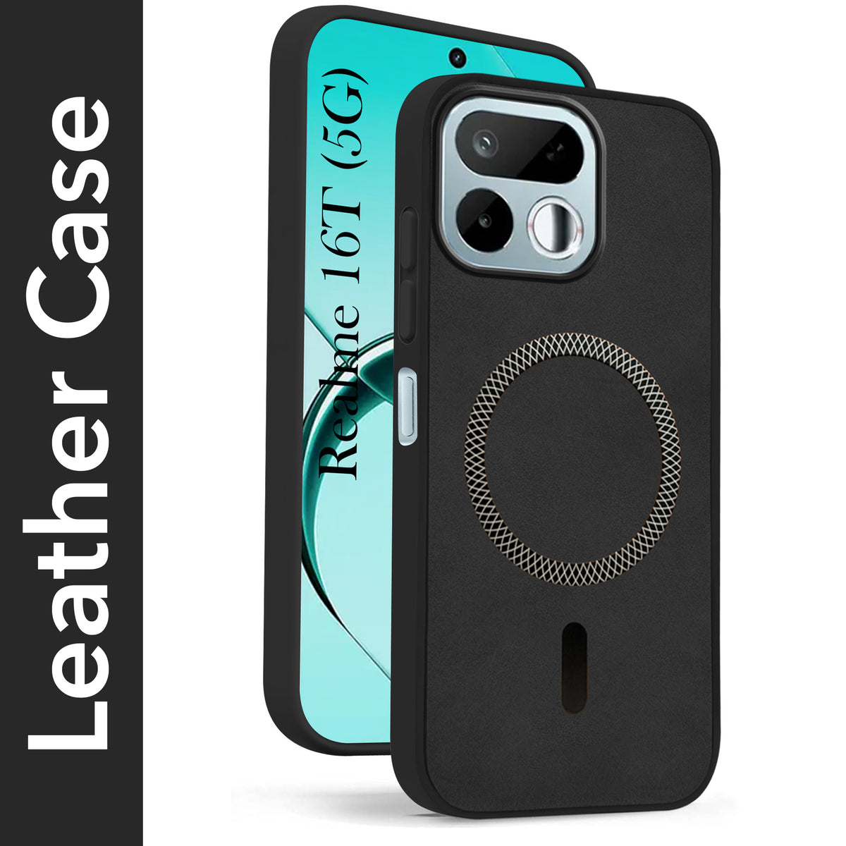 For Realme 16T 5G Back Cover Case Leather Finish (MagSafe Compatible Wireless Charging | Soft Touch | Camera Bump Protection)