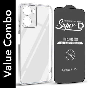 For Redmi 15A 5G Combo with Back Cover and 9H Tempered Glass (Lifetime Anti-Yellow | Sleek Hard Crystal | Oleophobic Coating Screen Glass)