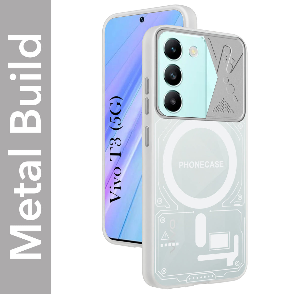 For Vivo T3 5G Metallic Back Cover Case (Metallic Camera Protection & Buttons | Translucent Milky Shade | Hard Polycarbonate)