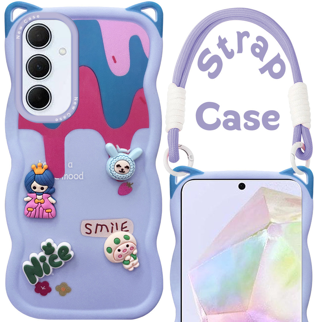 For Samsung Galaxy A35 5G Back Case Cover Strap (3D embossed Figures | Strap Holder | 360* Soft Cushion with Camera Bump)