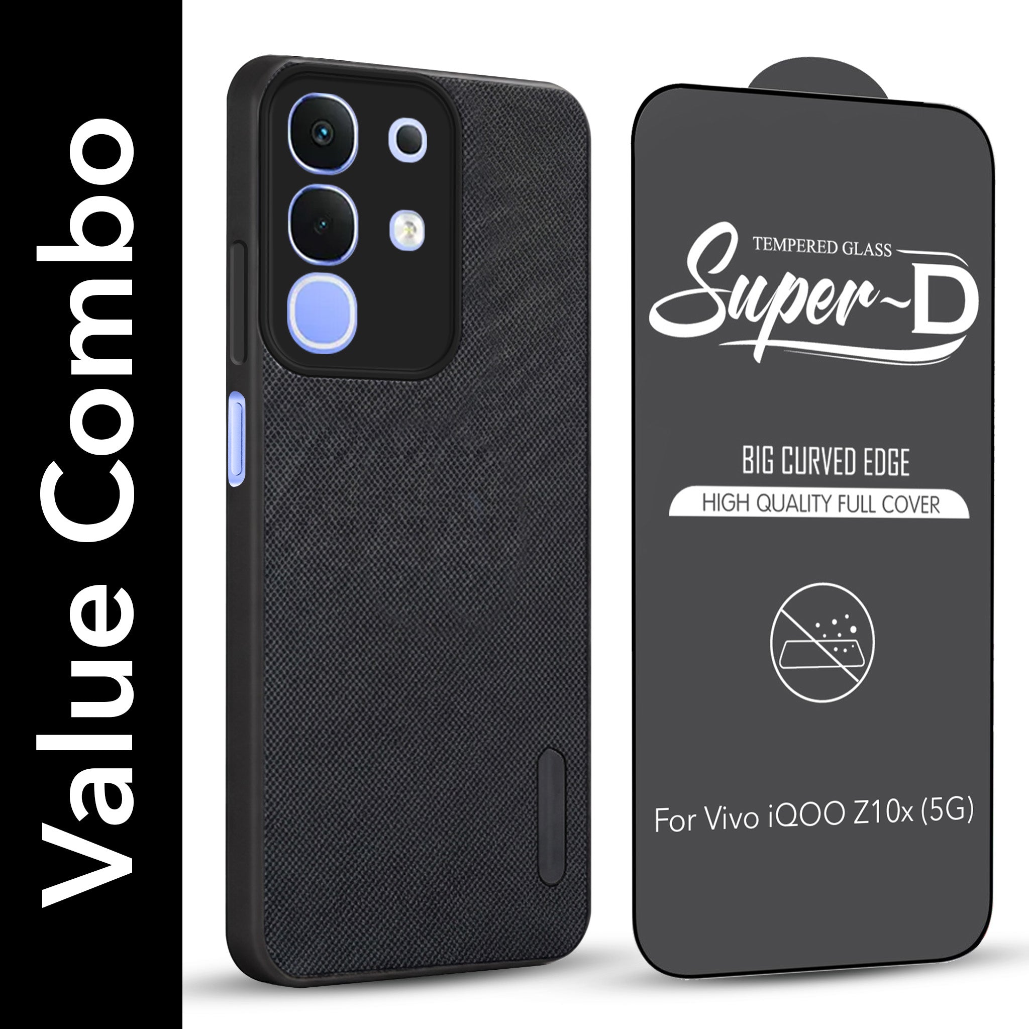 For Vivo iQOO Z10x Combo with Back Cover and 9H Tempered Glass (Textured Grip Design | Micro-Fiber Cloth Inside | Oleophobic Coating Screen Glass)