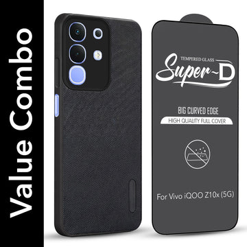 For Vivo iQOO Z10x Combo with Back Cover and 9H Tempered Glass (Textured Grip Design | Micro-Fiber Cloth Inside | Oleophobic Coating Screen Glass)
