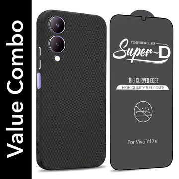 For Vivo Y17s Combo with Back Cover and 9H Tempered Glass (Liquid Silicone | Camera Protection | Oleophobic Coating Screen Glass)