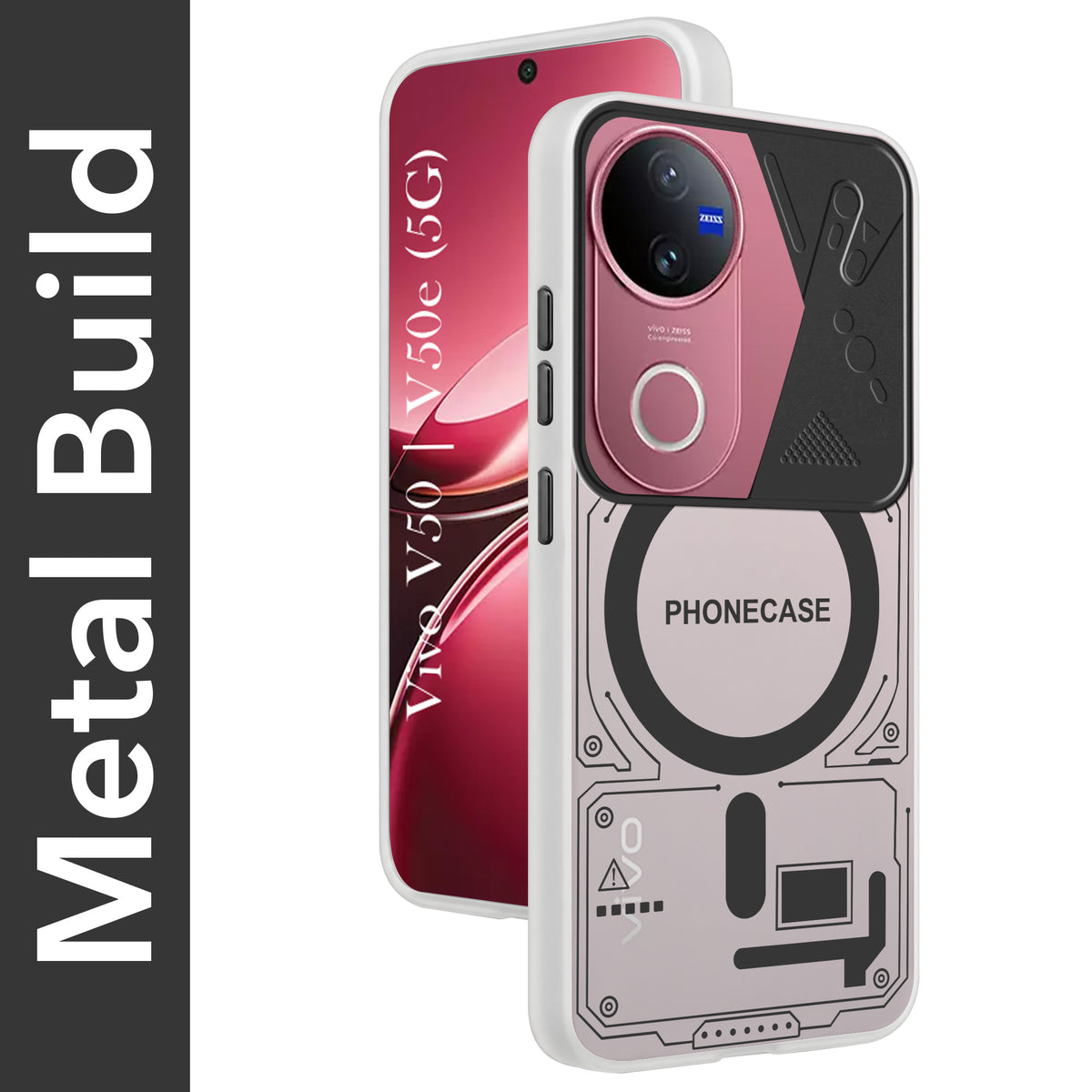 For Vivo V50 | Vivo V50e Metallic Back Cover Case (Metallic Camera Protection & Buttons | Translucent Milky Shade | Hard Polycarbonate)