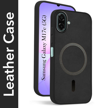 For Samsung Galaxy M17e Back Cover Case Leather Finish (MagSafe Compatible Wireless Charging | Soft Touch | Camera Bump Protection)