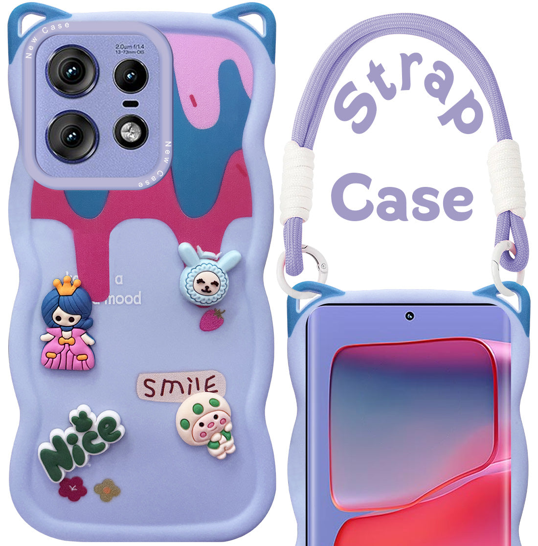 For Motorola Moto Edge 50 Pro Back Case Cover Strap (3D embossed Figures | Strap Holder | 360* Soft Cushion with Camera Bump)