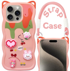 For Apple iPhone 15 Pro Max Back Case Cover Strap(3D Embossed Figures | Strap Holder | 360* Soft Cushion with Camera Bump)