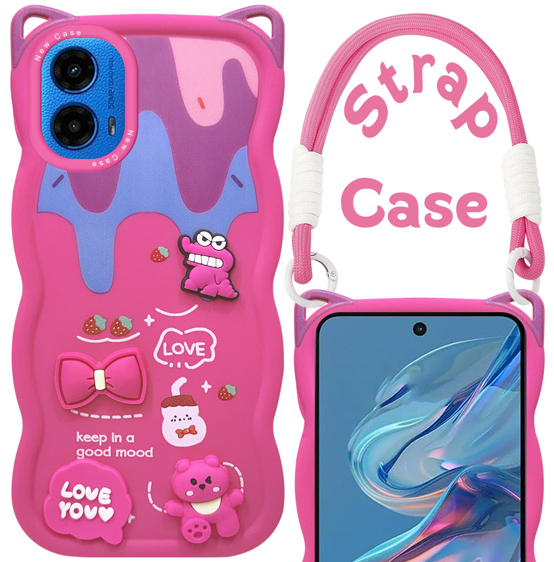 For Motorola Moto G45 Back Case Cover Strap (3D embossed Figures | Strap Holder | 360* Soft Cushion with Camera Bump)