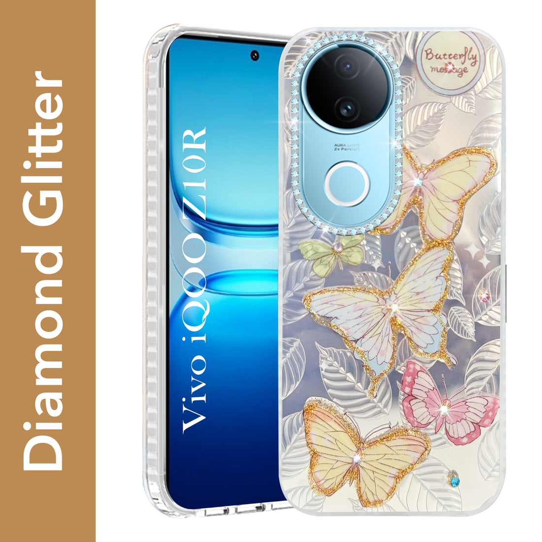 For Vivo iQOO Z10R Back Cover Case (Luxury Floral Glitter Cute Butterfly | Diamond Studded Camera Bump | Girls & Women Design)