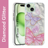 For Apple iPhone 15 Plus Back Cover Case (Luxury Floral Glitter Cute Butterfly | Diamond Studded Camera Bump | Girls & Women Design)