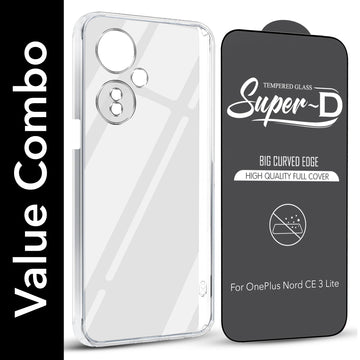 For OnePlus Nord CE 3 Lite Combo with Back Cover and 9H Tempered Glass (Lifetime Anti-Yellow | Crystal Clear Shockproof | Oleophobic Coating Screen Glass)
