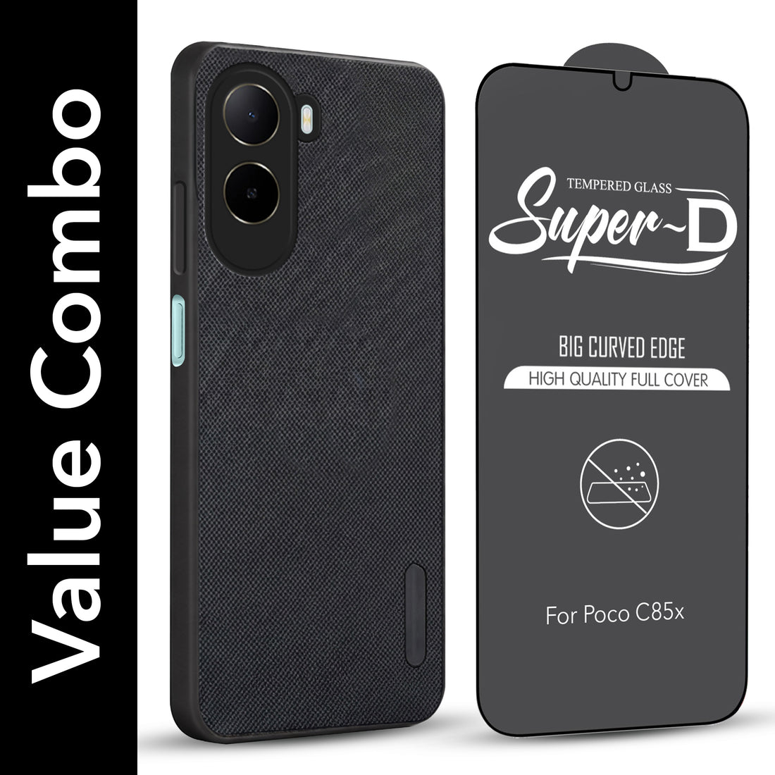 For Poco C85x 5G Combo (Textured Grip Design | Micro-Fiber Cloth Inside | Oleophobic Coating Screen Glass)
