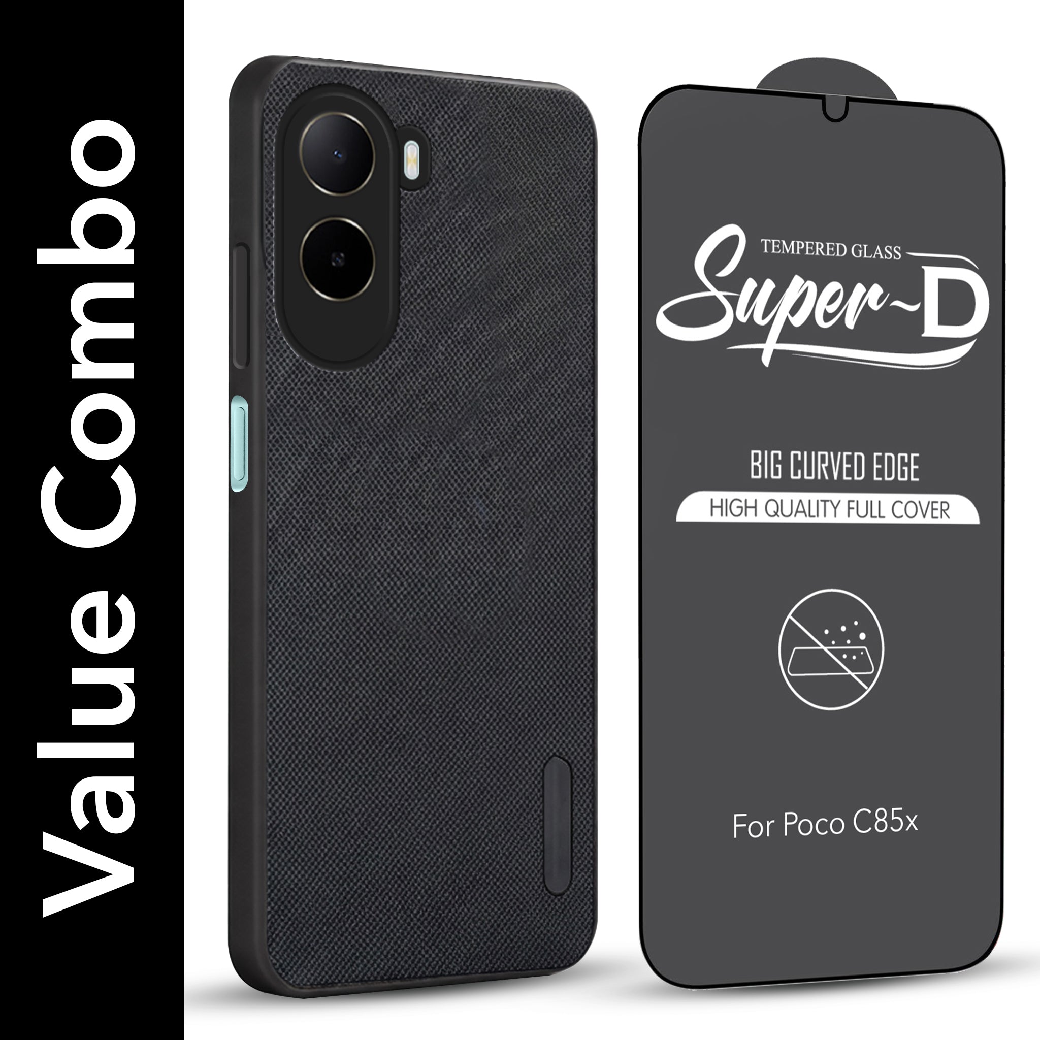 For Poco C85x 5G Combo (Textured Grip Design | Micro-Fiber Cloth Inside | Oleophobic Coating Screen Glass)
