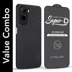 For Poco C85x 5G Combo (Textured Grip Design | Micro-Fiber Cloth Inside | Oleophobic Coating Screen Glass)