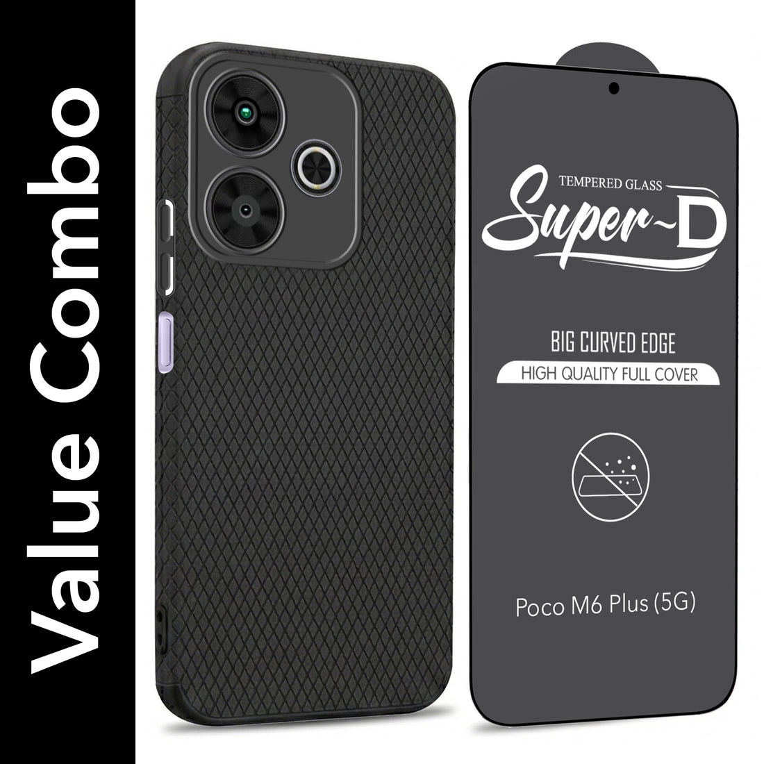 For Poco M6 Plus 5G Combo with Back Cover and 9H Tempered Glass (Liquid Silicone | Camera Protection | Oleophobic Coating Screen Glass)