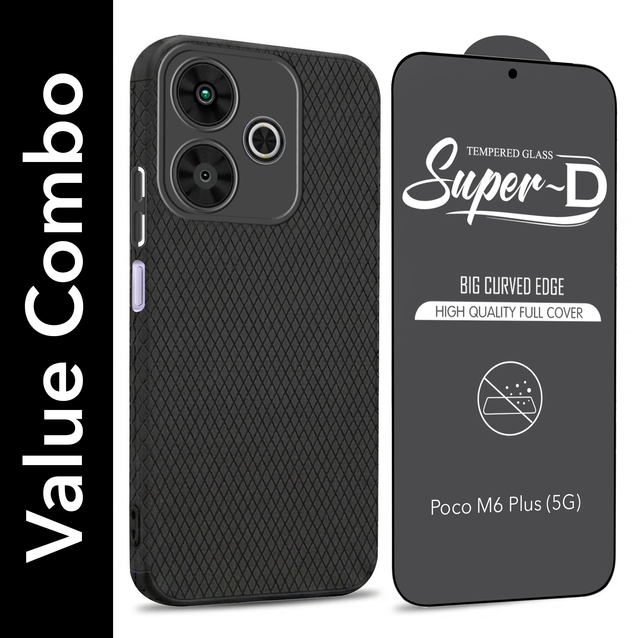 For Poco M6 Plus 5G Combo with Back Cover and 9H Tempered Glass (Liquid Silicone | Camera Protection | Oleophobic Coating Screen Glass)