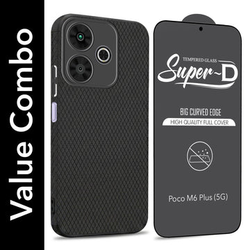 For Poco M6 Plus 5G Combo with Back Cover and 9H Tempered Glass (Liquid Silicone | Camera Protection | Oleophobic Coating Screen Glass)