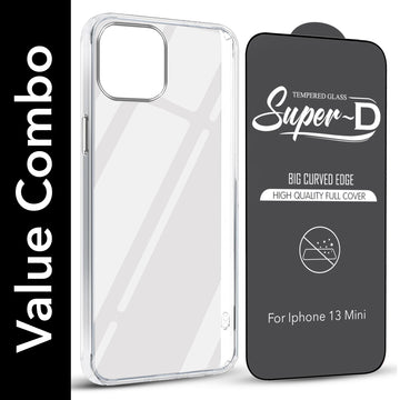 For Apple iPhone 13 Mini Combo with Back Cover and 9H Tempered Glass (Lifetime Anti-Yellow | Sleek Hard Crystal | Oleophobic Coating Screen Glass)