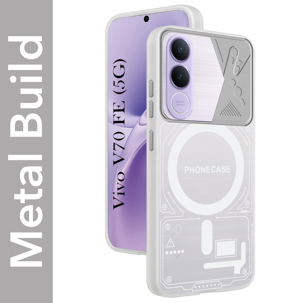 For Vivo V70 FE 5G Metallic Back Cover Case (Metallic Camera Protection & Buttons | Translucent Milky Shade | Hard Polycarbonate)