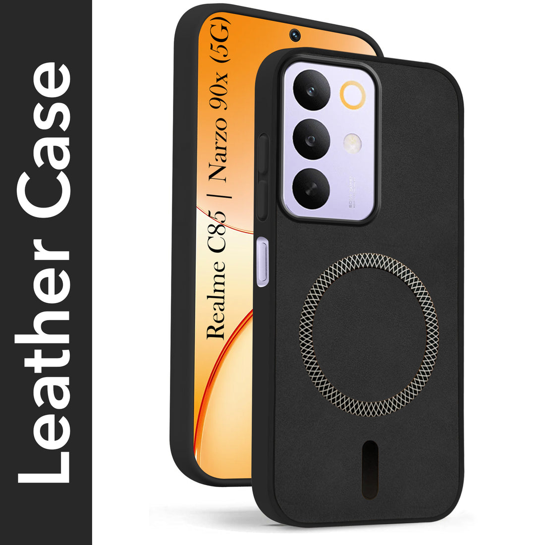 For Realme C85 5G | Realme Narzo 90x Back Cover Case Leather Finish (MagSafe Compatible Wireless Charging | Soft Touch | Camera Bump Protection)