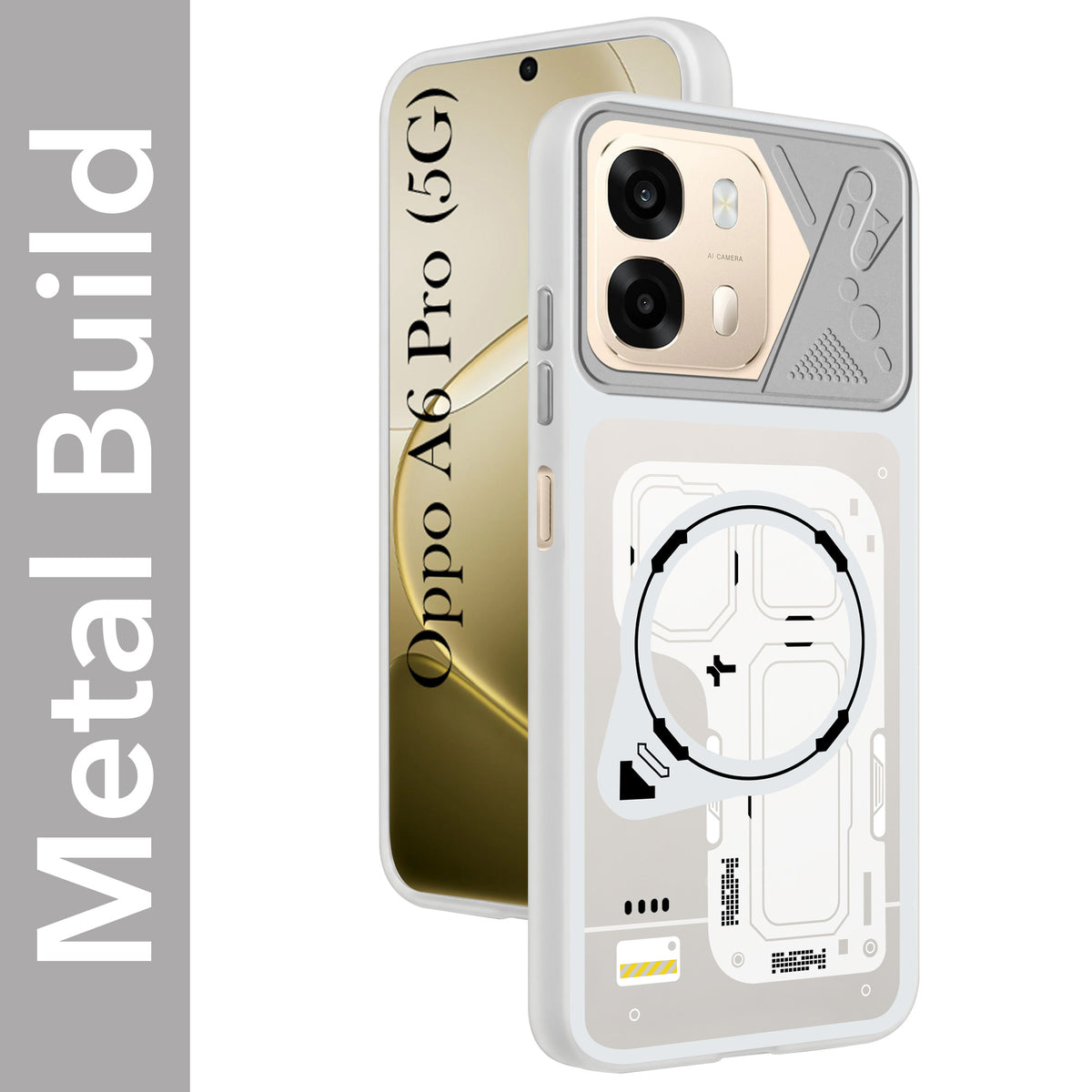 For Oppo A6 Pro Metallic Back Cover Case (Metallic Camera Protection & Buttons | Translucent Milky Shade | Hard Polycarbonate)