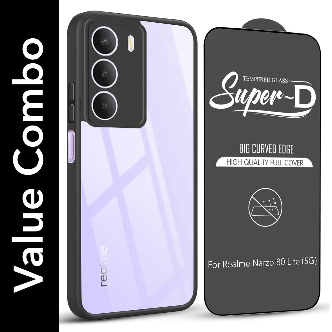 For Realme Narzo 80 Lite 5G Combo with Back Cover and 9H Tempered Glass (Lifetime Anti-Yellow | Crystal Clear Shockproof | Oleophobic Coating Screen Glass)