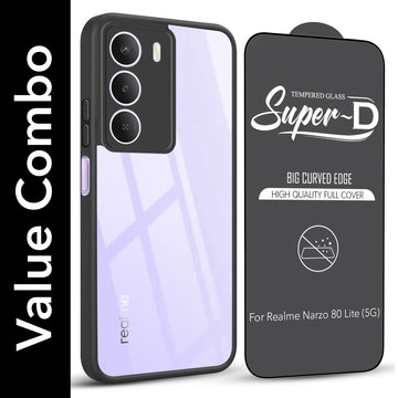For Realme Narzo 80 Lite 5G Combo with Back Cover and 9H Tempered Glass (Lifetime Anti-Yellow | Crystal Clear Shockproof | Oleophobic Coating Screen Glass)