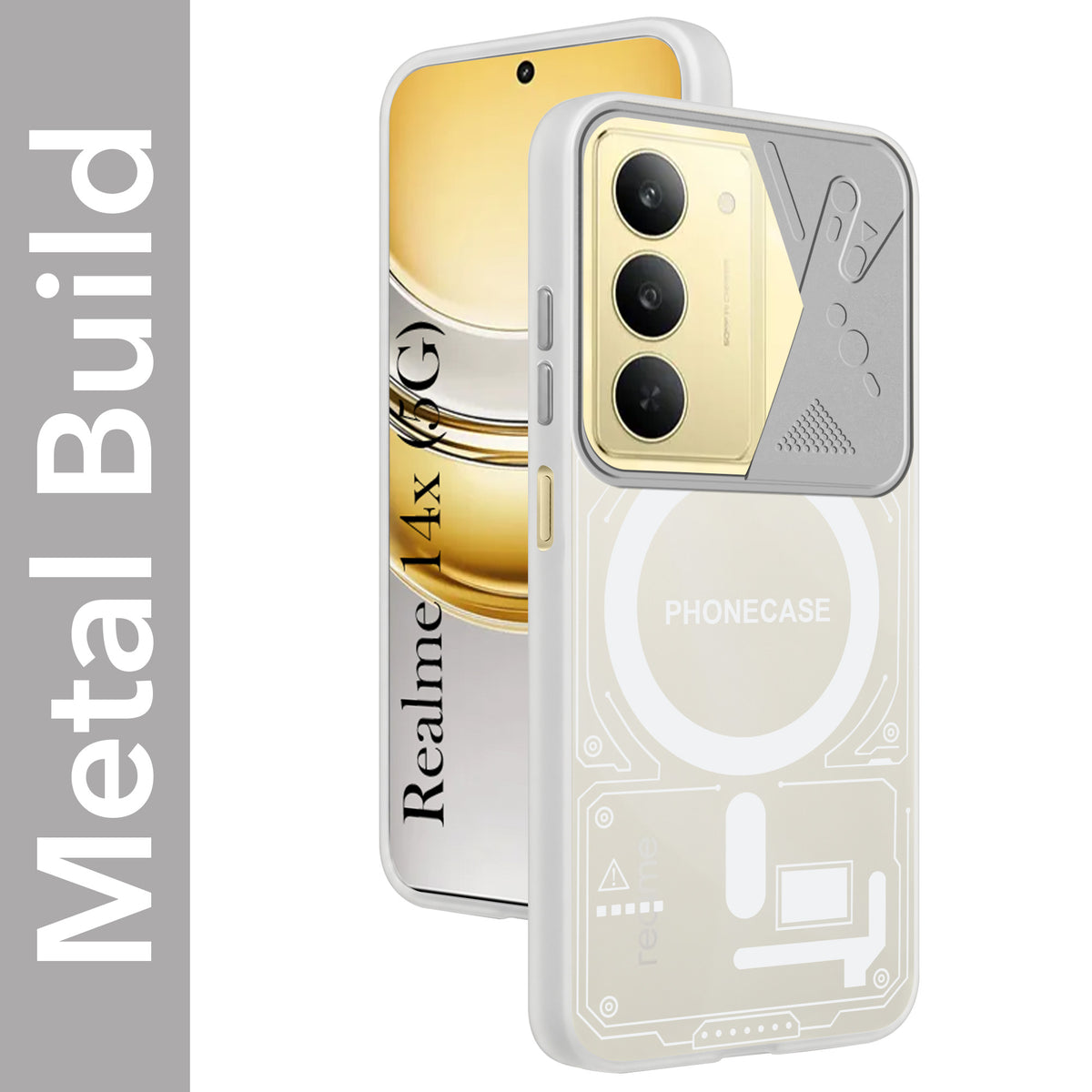 For Realme 14X Metallic Back Cover Case (Metallic Camera Protection & Buttons | Translucent Milky Shade | Hard Polycarbonate)