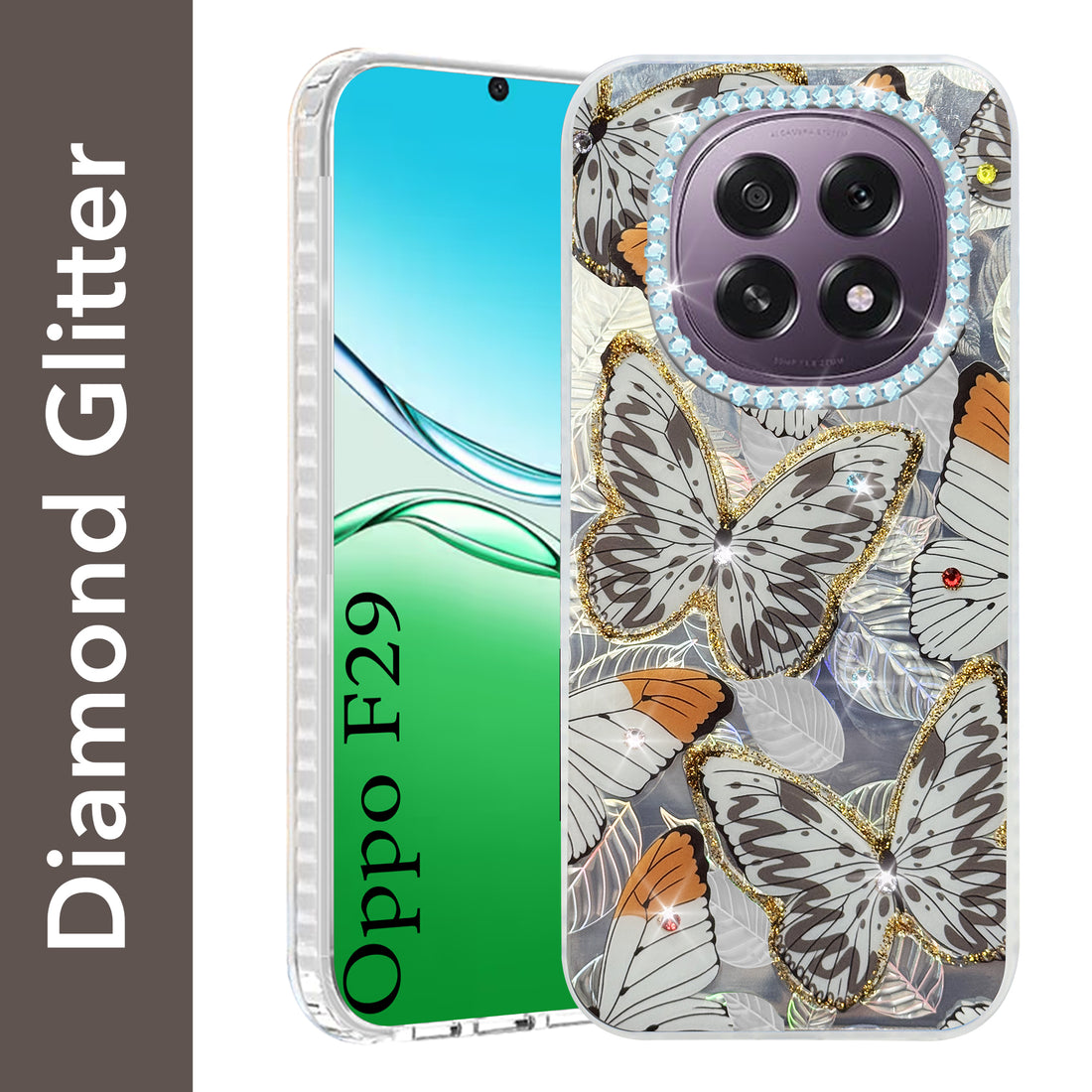 For Oppo F29 Back Cover Case (Luxury Floral Glitter Cute Butterfly | Diamond Studded Camera Bump | Girls & Women Design)