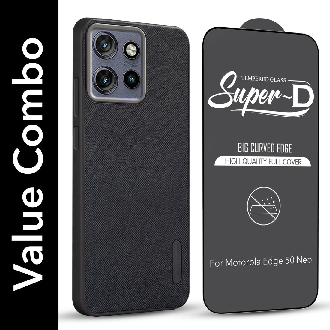 For Motorola Moto Edge 50 Neo Combo with Back Cover and 9H Tempered Glass (Textured Grip Design | Micro-Fiber Cloth Inside | Oleophobic Coating Screen Glass)