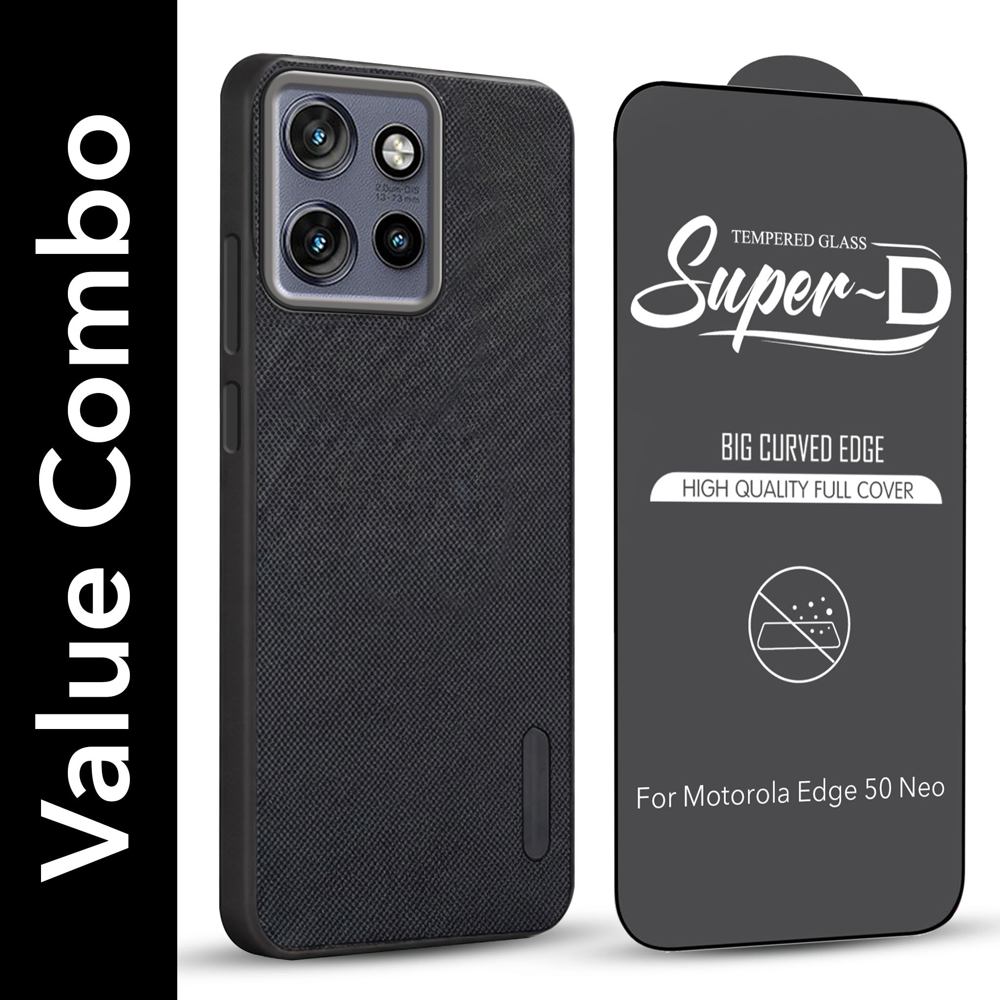 For Motorola Moto Edge 50 Neo Combo with Back Cover and 9H Tempered Glass (Textured Grip Design | Micro-Fiber Cloth Inside | Oleophobic Coating Screen Glass)