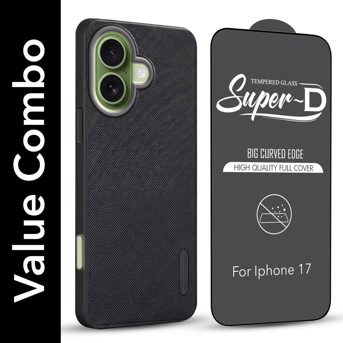 For Apple iPhone 17 Combo with Back Cover and 9H Tempered Glass (Textured Grip Design | Micro-Fiber Cloth Inside | Oleophobic Coating Screen Glass)