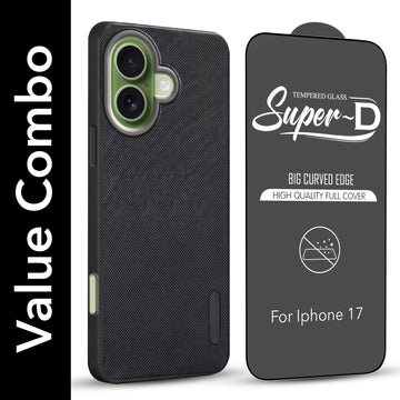 For Apple iPhone 17 Combo with Back Cover and 9H Tempered Glass (Textured Grip Design | Micro-Fiber Cloth Inside | Oleophobic Coating Screen Glass)