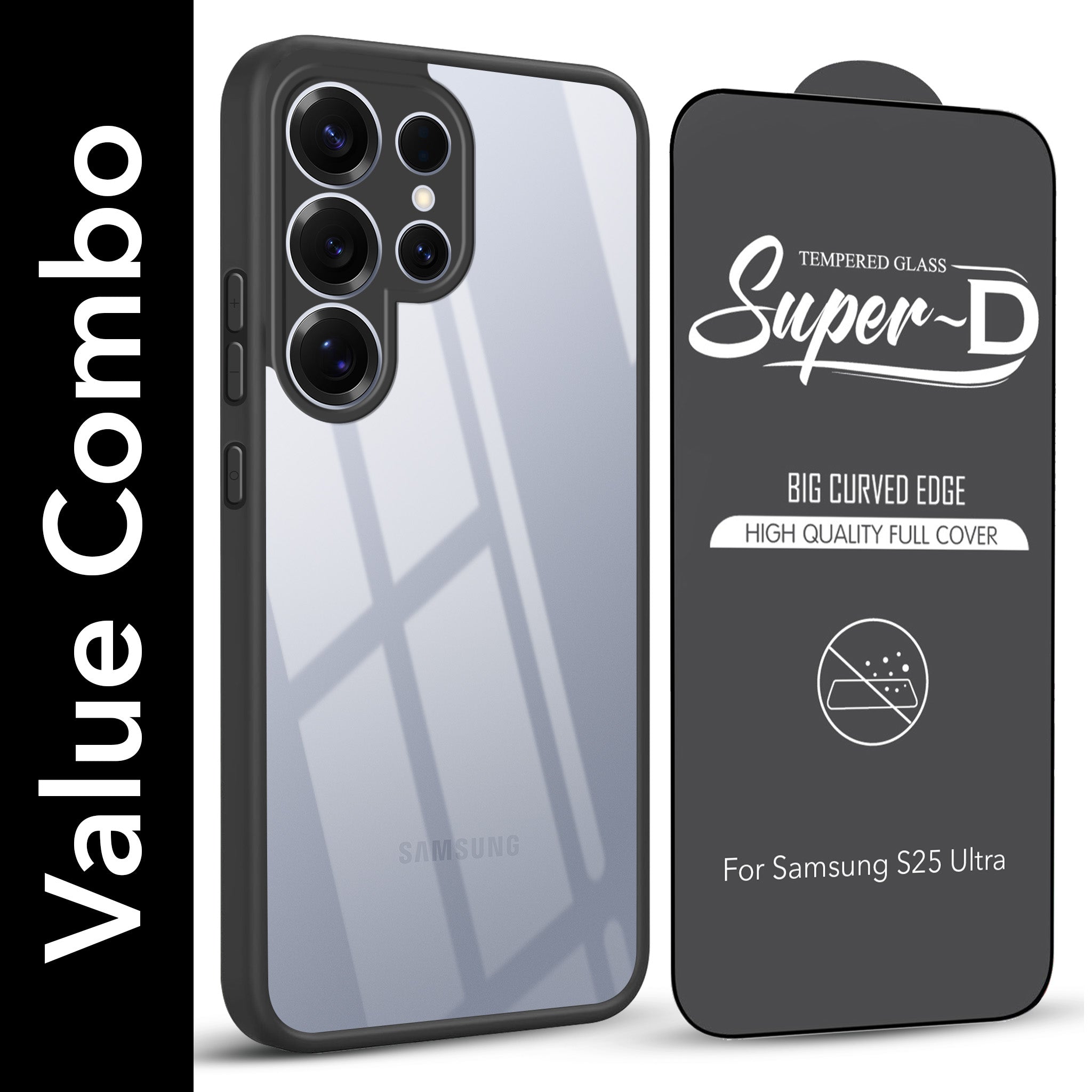 For Samsung Galaxy S25 Ultra Combo with Back Cover and 9H Tempered Glass (Lifetime Anti-Yellow | Crystal Clear Shockproof | Oleophobic Coating Screen Glass)