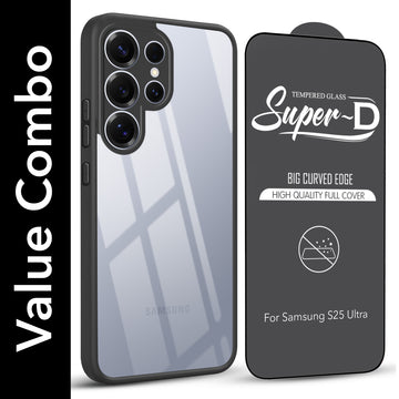 For Samsung Galaxy S25 Ultra Combo with Back Cover and 9H Tempered Glass (Lifetime Anti-Yellow | Crystal Clear Shockproof | Oleophobic Coating Screen Glass)