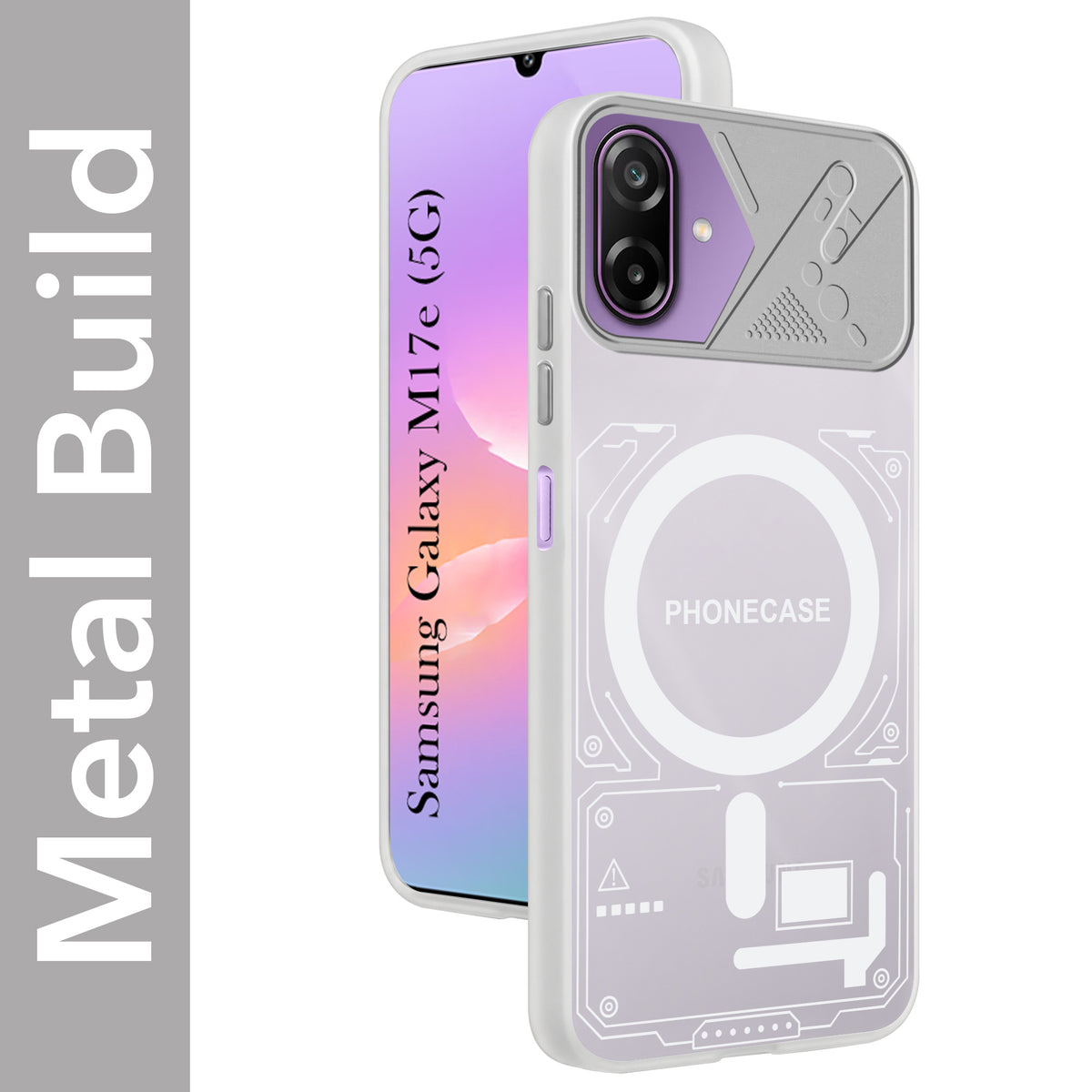 For Samsung Galaxy M17e Metallic Back Cover Case (Metallic Camera Protection & Buttons | Translucent Milky Shade | Hard Polycarbonate)