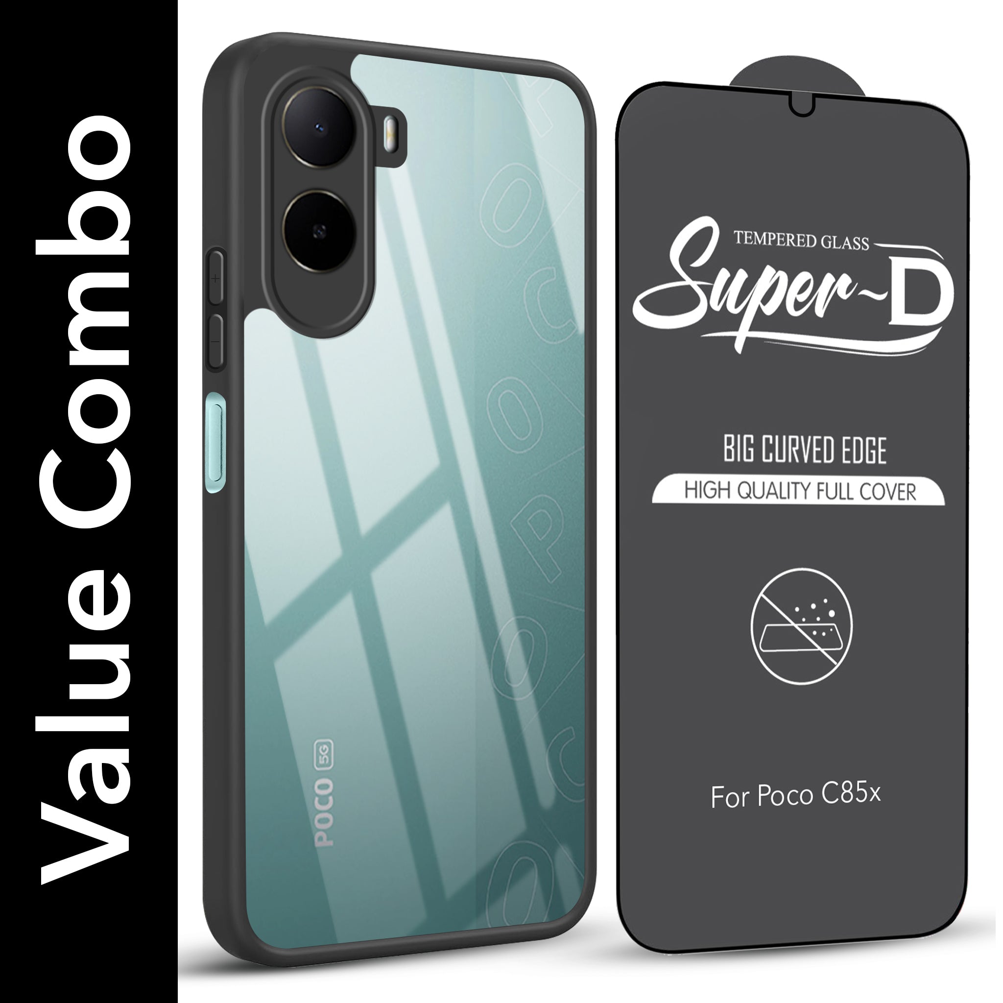 For Poco C85x 5G Combo with Back Cover and 9H Tempered Glass (Lifetime Anti-Yellow | Crystal Clear Shockproof | Oleophobic Coating Screen Glass)