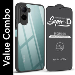For Poco C85x 5G Combo with Back Cover and 9H Tempered Glass (Lifetime Anti-Yellow | Crystal Clear Shockproof | Oleophobic Coating Screen Glass)