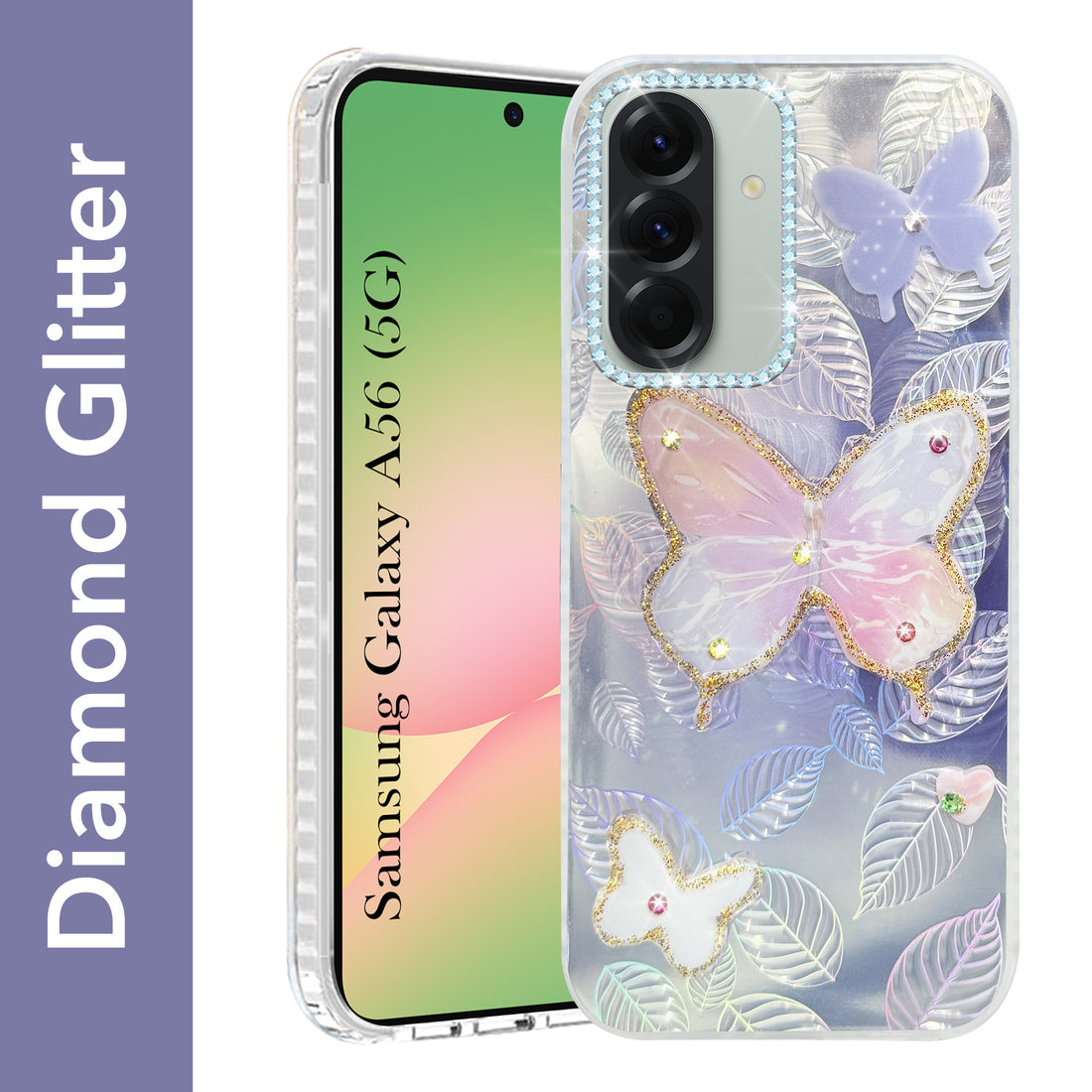 For Samsung Galaxy A56 Back Cover Case (Luxury Floral Glitter Cute Butterfly | Diamond Studded Camera Bump | Girls & Women Design)