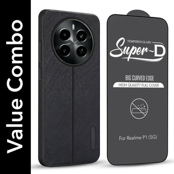 For Realme P1 5G Combo with Back Cover and 9H Tempered Glass (Textured Grip Design | Micro-Fiber Cloth Inside | Oleophobic Coating Screen Glass)