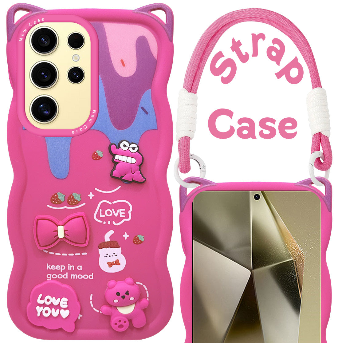 For Samsung Galaxy S24 Ultra Back Case Cover Strap (3D embossed Figures | Strap Holder | 360* Soft Cushion with Camera Bump)