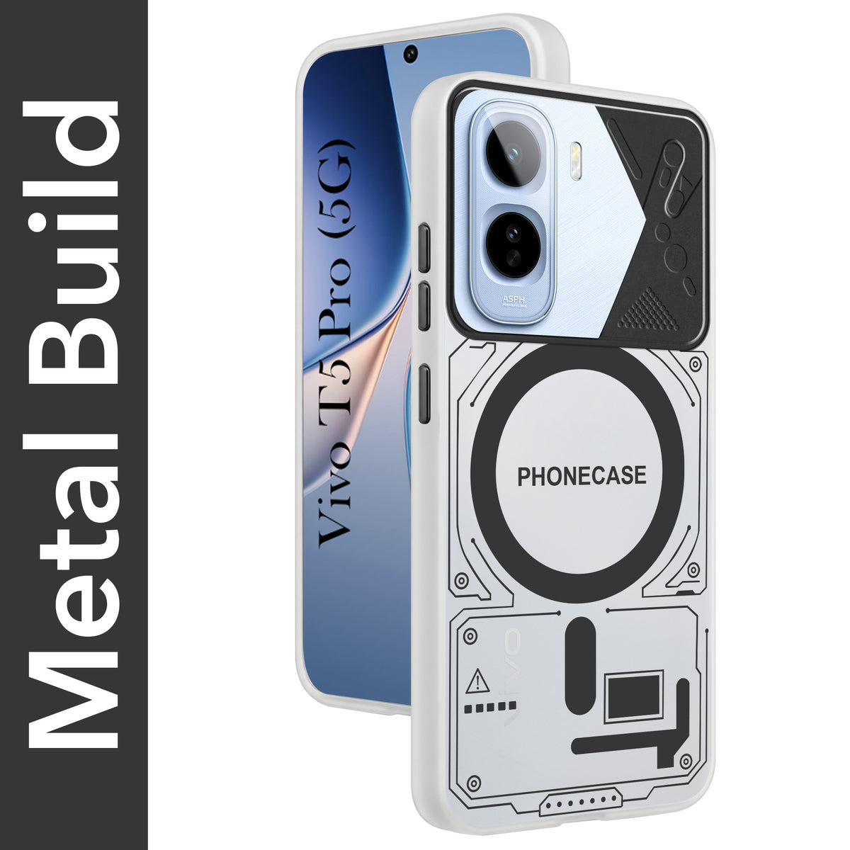 For Vivo T5 Pro 5G Metallic Back Cover Case (Metallic Camera Protection & Buttons | Translucent Milky Shade | Hard Polycarbonate)