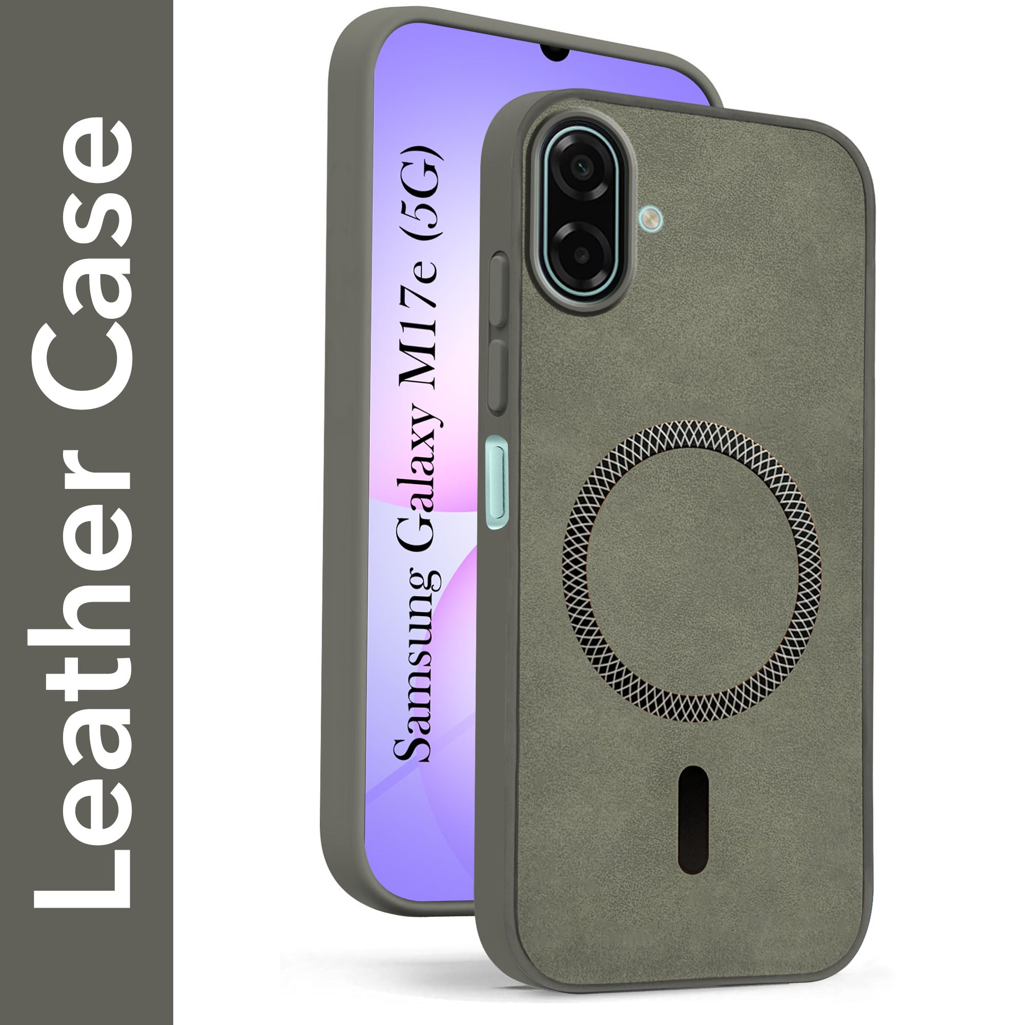 For Samsung Galaxy M17e Back Cover Case Leather Finish (MagSafe Compatible Wireless Charging | Soft Touch | Camera Bump Protection)