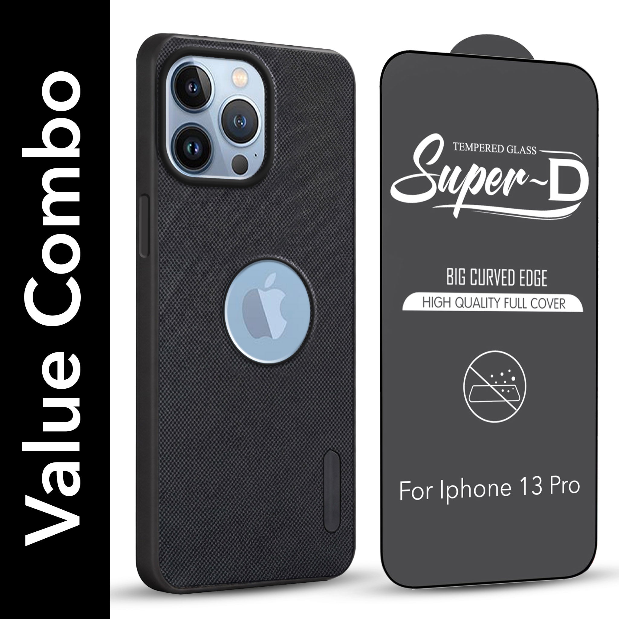 For Apple iPhone 13 Pro Combo with Back Cover and 9H Tempered Glass (Textured Grip Design | Micro-Fiber Cloth Inside | Oleophobic Coating Screen Glass)