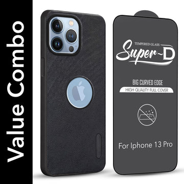 For Apple iPhone 13 Pro Combo with Back Cover and 9H Tempered Glass (Textured Grip Design | Micro-Fiber Cloth Inside | Oleophobic Coating Screen Glass)